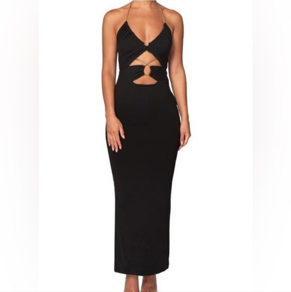 JLUXLABEL Black Dress with Cut Outs And Gold Detail